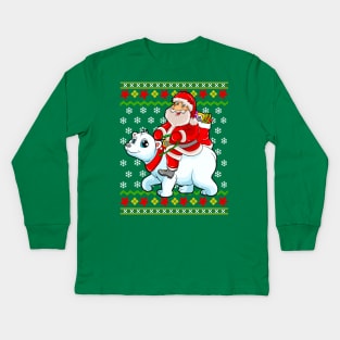 Santa Claus Riding Polar Bear Ugly Christmas Sweater Kids Long Sleeve T-Shirt